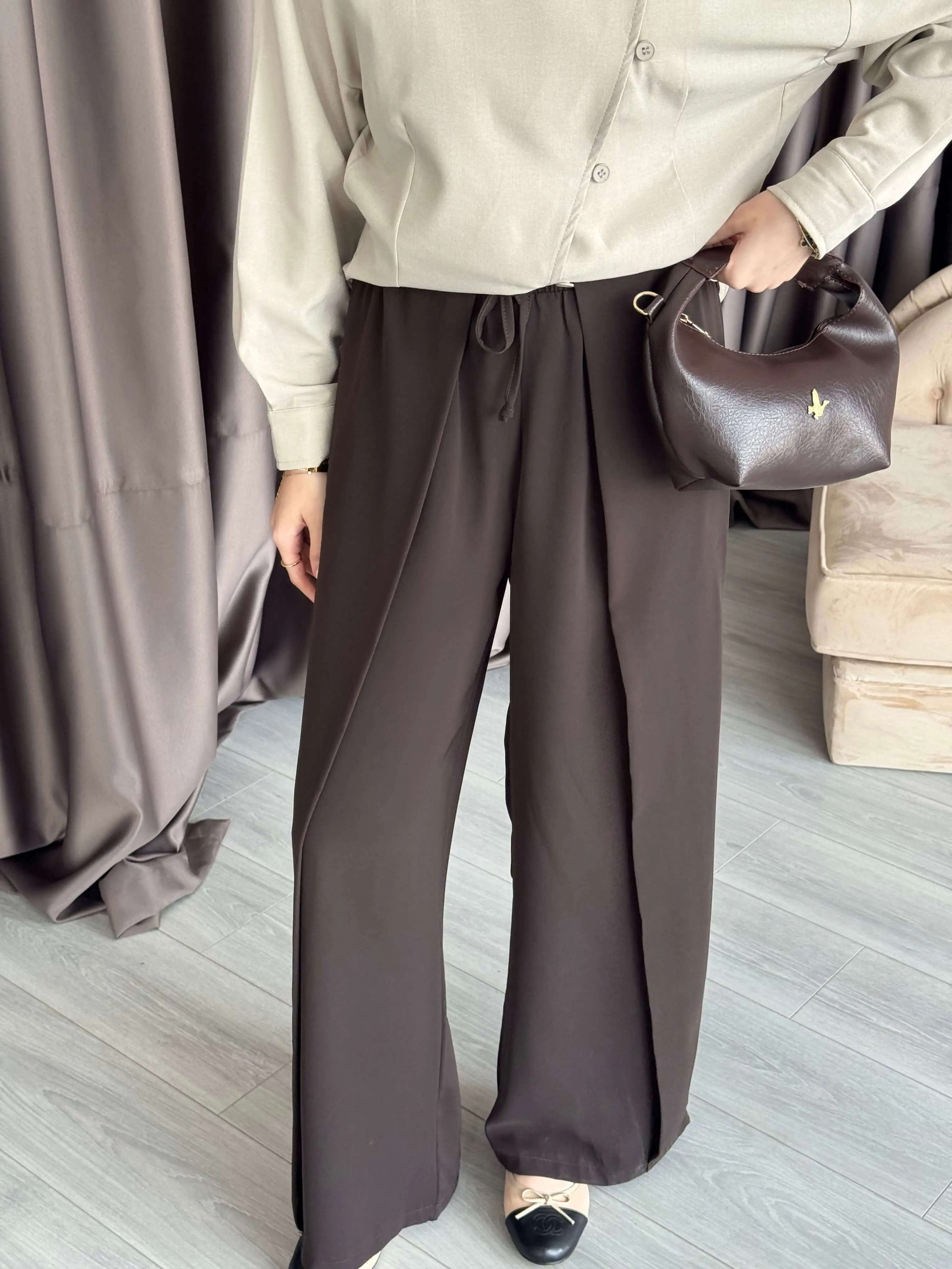PİLE DETAYLI GENİŞ PAÇA PANTOLON KAHVE - 1