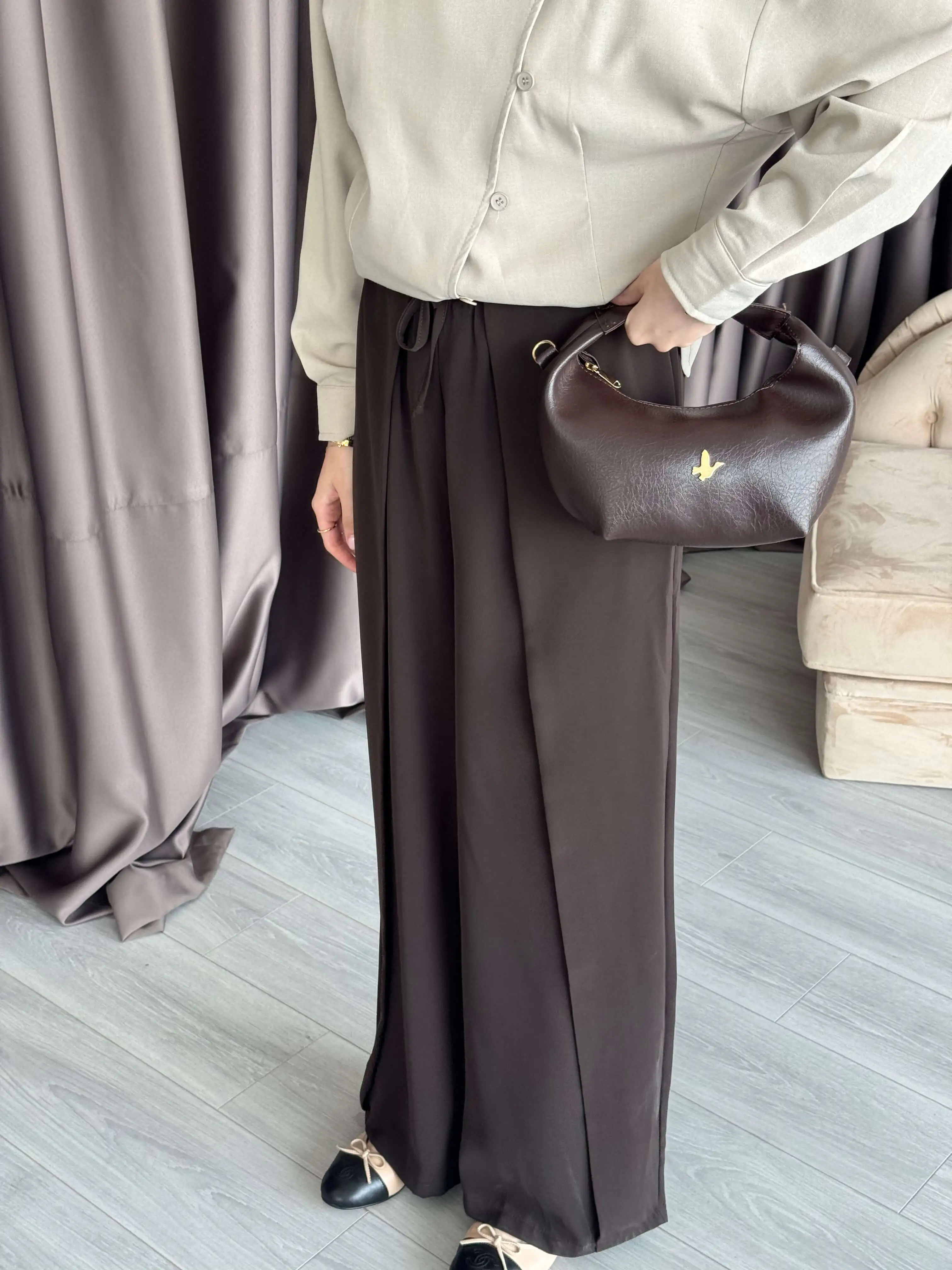 PİLE DETAYLI GENİŞ PAÇA PANTOLON KAHVE - 2