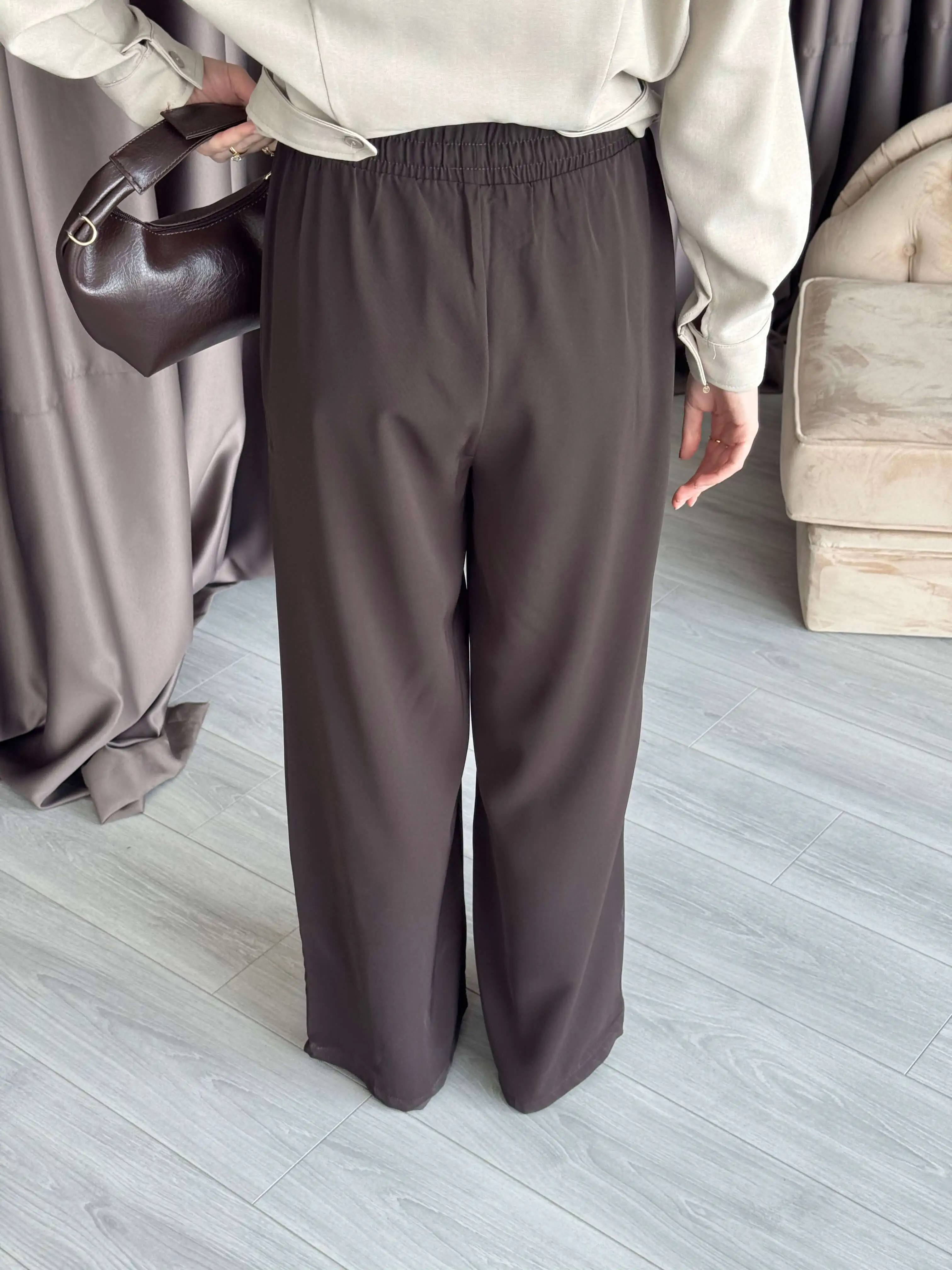 PİLE DETAYLI GENİŞ PAÇA PANTOLON KAHVE - 3