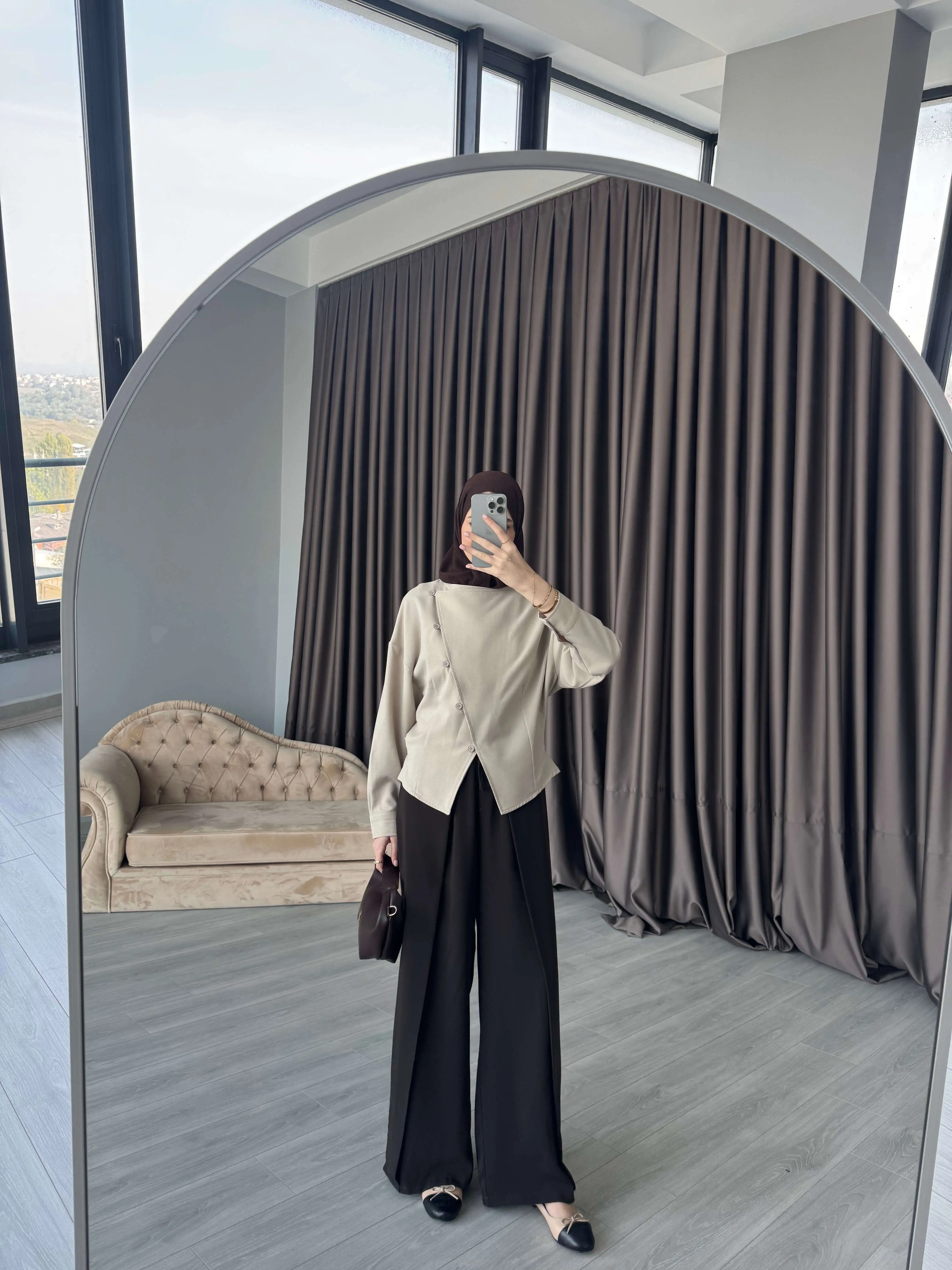PİLE DETAYLI GENİŞ PAÇA PANTOLON KAHVE - 4