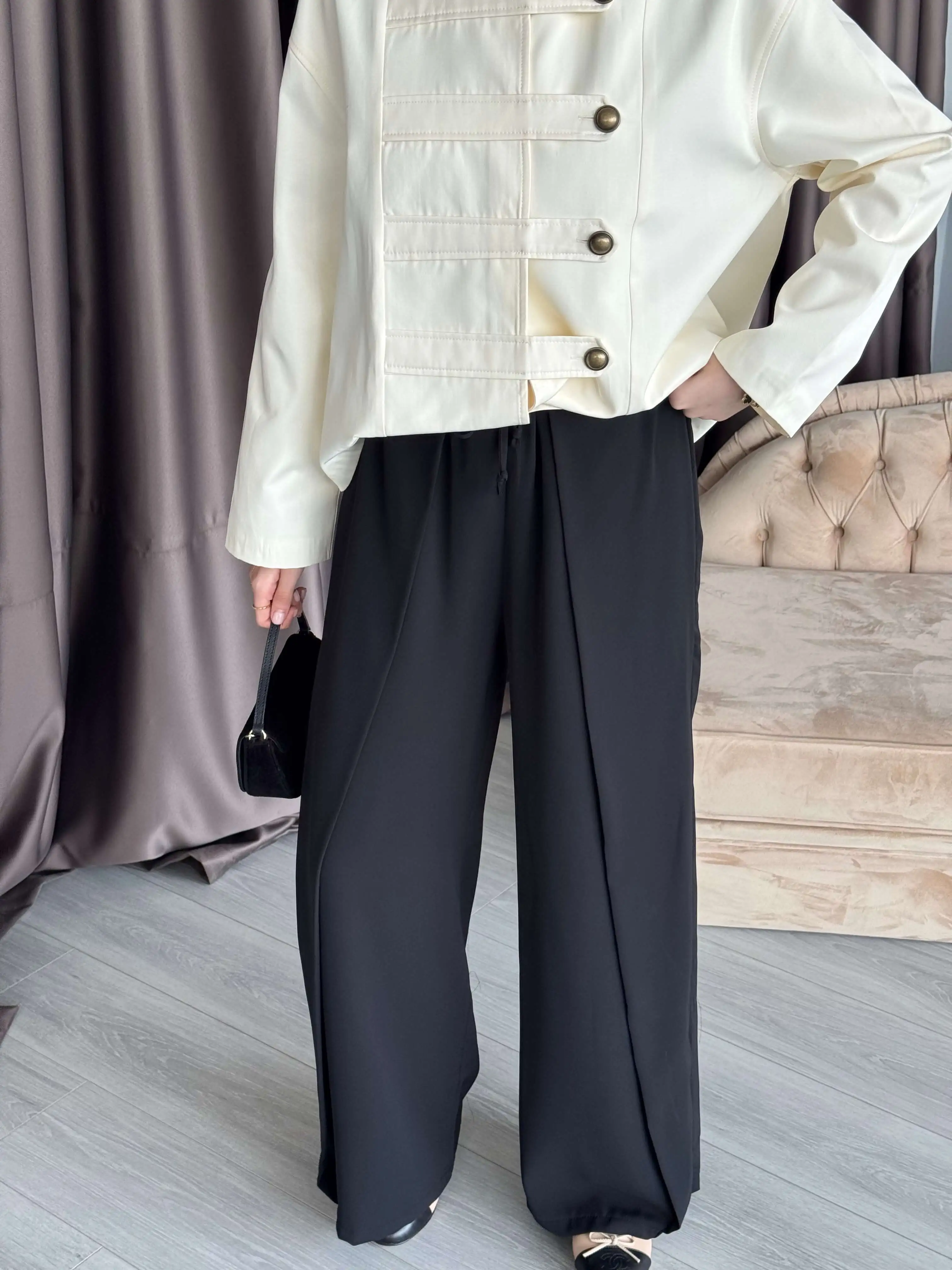 PİLE DETAYLI GENİŞ PAÇA PANTOLON SİYAH - 1